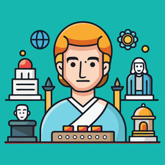 Cartoon vector illustration of a businessman working at a desk in an office setting