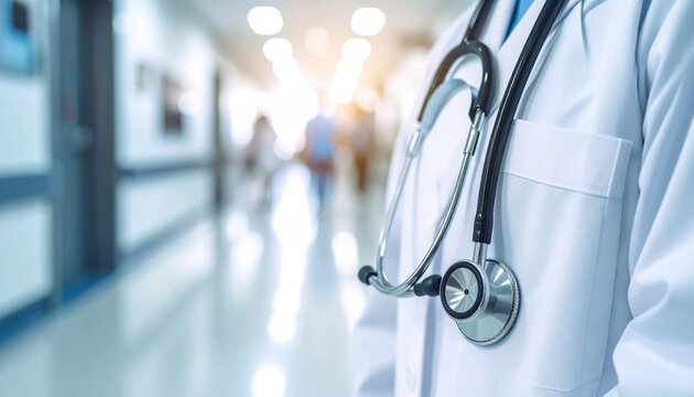 Doctor's white coat and stethoscope hanging with blurred hospital hallway background featuring light and patient figures