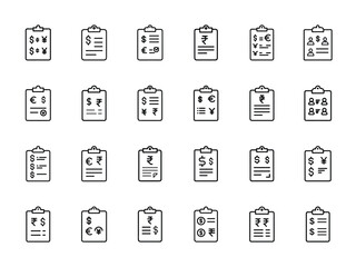 Vector Silhouettes of Currency Report Clipboards &ndash; Financial Documents, Exchange Rate Sheets, and Economy Audit Icons on White Background