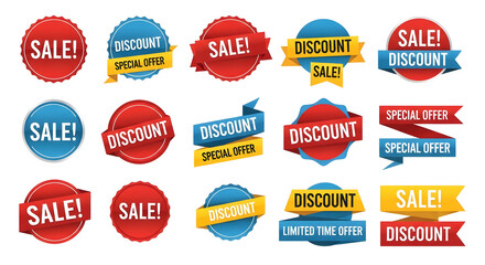 Discount Sale Badges Red, Blue, and Yellow Sale Labels for Marketing