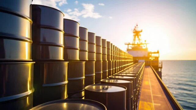 Oil barrels on ship deck sunrise