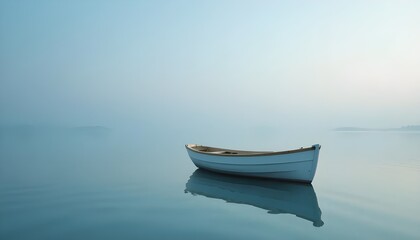Naklejka premium A lone rowboat floats peacefully on a misty lake at early morning