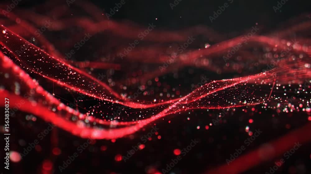 Poster abstract red wave: dynamic, flowing red wave particles create an abstract design, reminiscent of sou