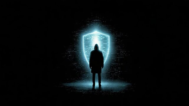 Digital Sentinel: An enigmatic figure stands silhouetted before a glowing shield in a stark, dramatic scene, signifying protection and cyber security. 
