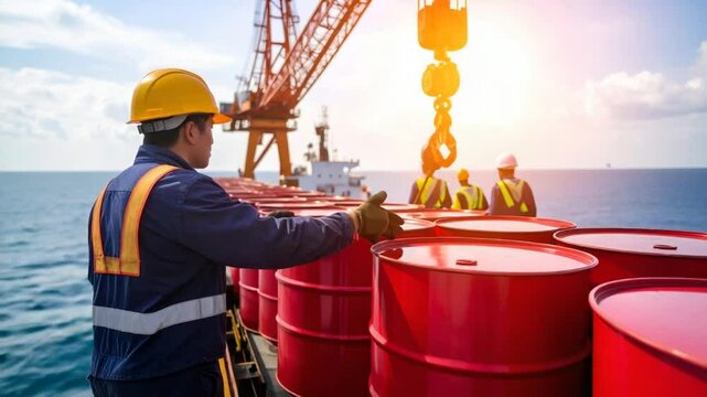Oil worker overseeing barrels