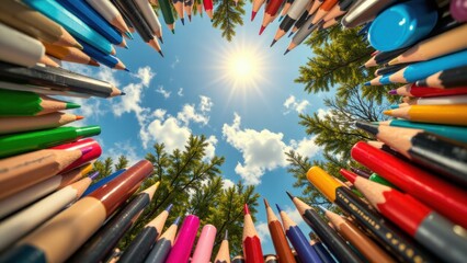 Top-down view of colorful and organized stationery inside a pencil case. Perfect for illustrating study routines, school preparation, and academic tools.