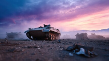 Ruined Tanks On Desert Plain With Smoke At Sunset