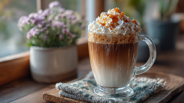 A caramel latte with whipped cream and caramel drizzle served on a wooden board near a window