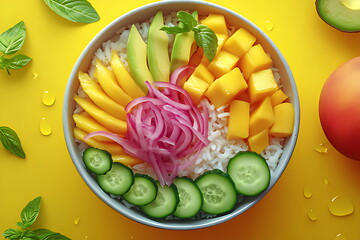 poke bowl with rice salmon cucumber mango onion wakame salad poppy seeds