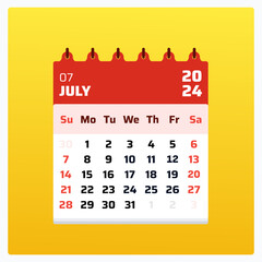 July 2024 calendar. Red calendar square. 2024 Weekend sunday saturday format. Template layout for planning. Calendar dates july 2024 version. Vector illustration.


