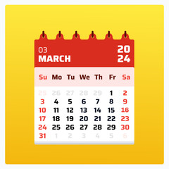 March 2024 calendar. Red calendar square. 2024 Weekend on sunday and saturday. Printable calendar design. Monthly date sheet march 2024. Vector illustration.

