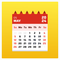 May 2024 calendar. Red calendar square. 2024 Weekend starting sunday. Clean layout design. Date format of calendar may 2024. Vector illustration.

