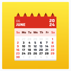 June 2024 calendar. Red calendar square. 2024 Weekend covers sunday and saturday. Monthly calendar grid. Printable june 2024 date sheet. Vector illustration.

