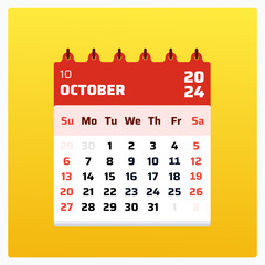 October 2024 calendar. Red calendar square. 2024 Weekend shown sunday and saturday. Planner grid template. Monthly overview october 2024. Vector illustration.

