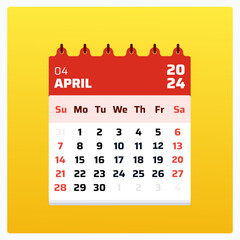 April 2024 calendar. Red calendar square. 2024 Weekend sunday to saturday. Planner-style calendar format. Monthly grid for april 2024. Vector illustration.

