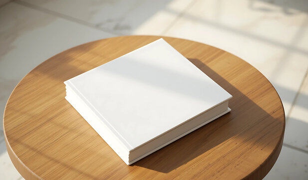 A thick, blank, white book rests on a light wood table, bathed in sunlight. Clean, simple aesthetic ideal for design mockups or publishing projects.