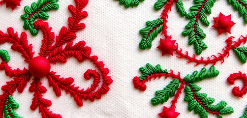 Close-up of vibrant red and green floral embroidery on white fabric, showcasing intricate needlework details and a festive design.