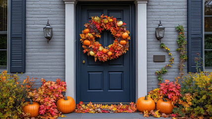 Dark blue door decorated with autumn wreath of pumpkins and colorful leaves, surrounded by fall foliage and pumpkins on porch. Seasonal festive decor.