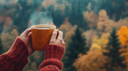 Hands in warm red sweater holding steaming cup against blurred autumn forest background with colorful trees. Cozy seasonal comfort and warmth.