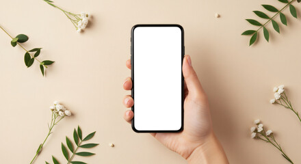 Phone mockup with flowers and hand holding phone