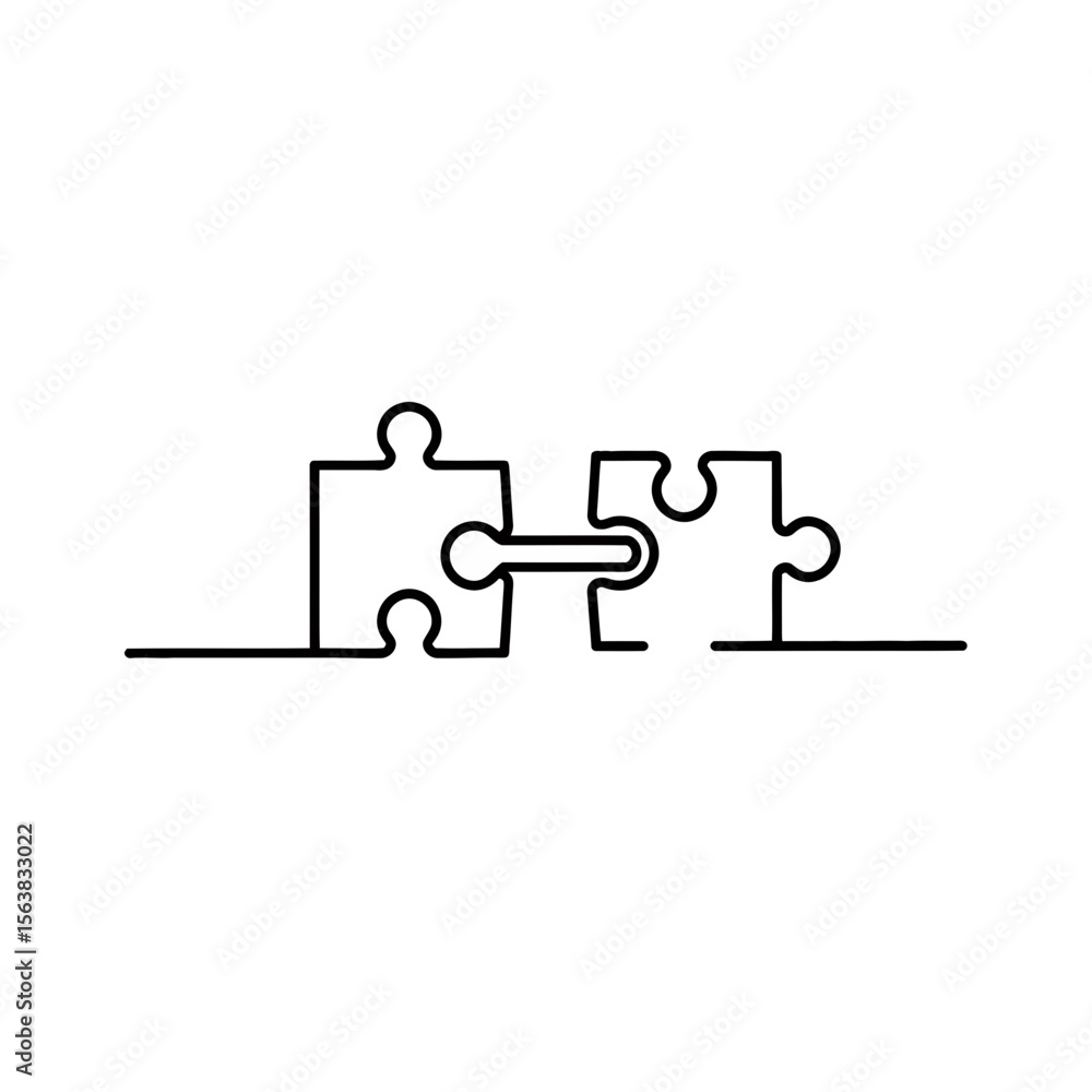 Poster single continuous line art showing two puzzle pieces joining together symbolizing union partnership 
