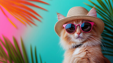Ginger cat wearing straw hat and pink sunglasses with tropical palm leaves on colorful background. Fun summer vacation vibe with playful style.