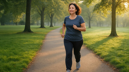 Middle-aged woman jogging on park path surrounded by green grass and trees in warm morning light. Active healthy lifestyle with natural calm.