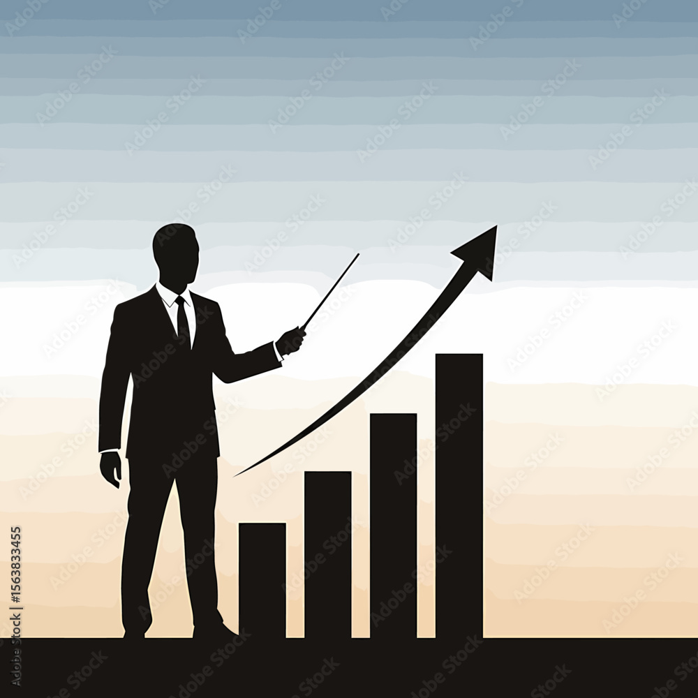 Poster silhouette of a businessman pointing to an upward trending bar graph with an arrow.