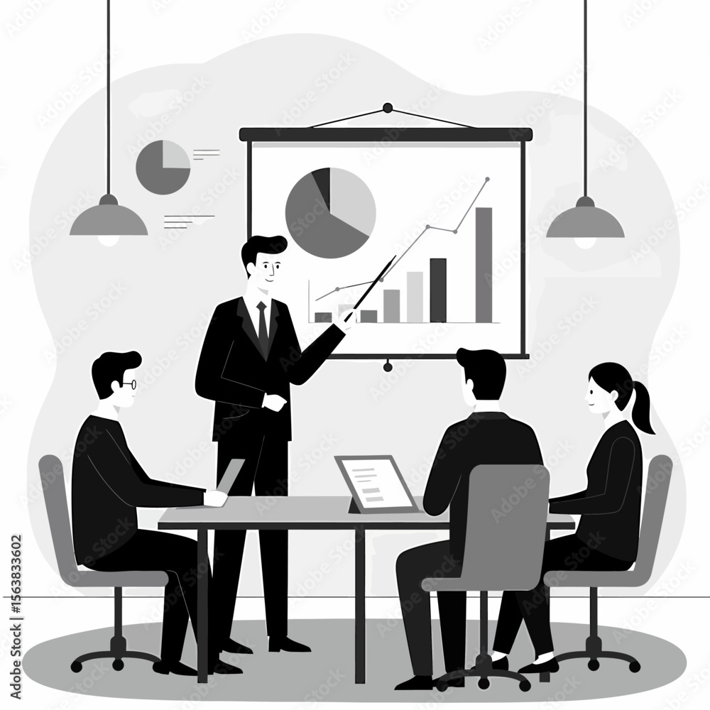 Poster a business presentation with a man pointing to a chart, while colleagues listen at a table.