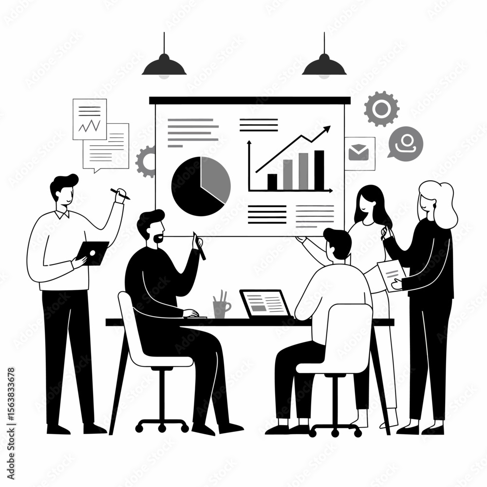 Poster team brainstorming business strategy, analyzing data charts and graphs during a productive meeting.