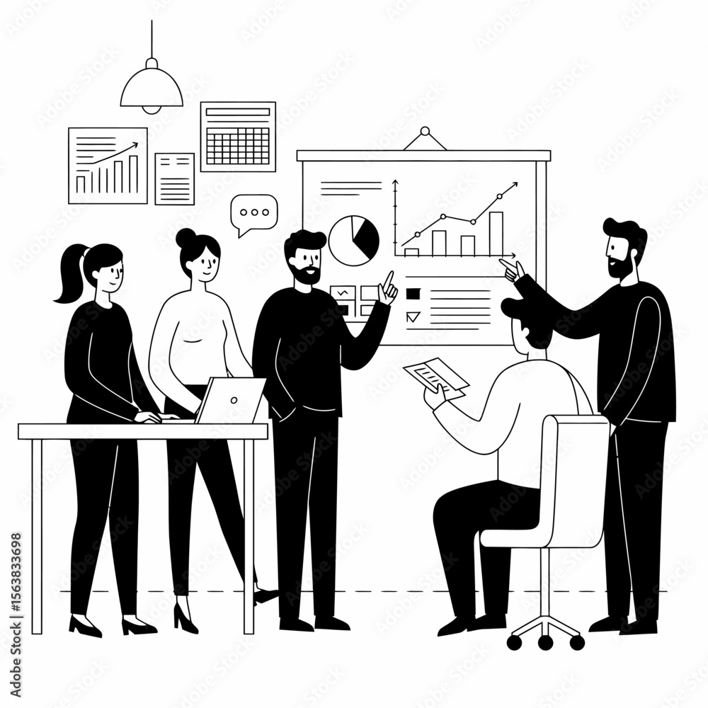 Poster a group of people are in a meeting discussing charts and graphs presented on a board.