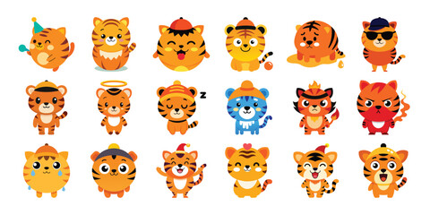 Vector art of collection of cute cartoon tiger cubs with various expressions, isolated on white background