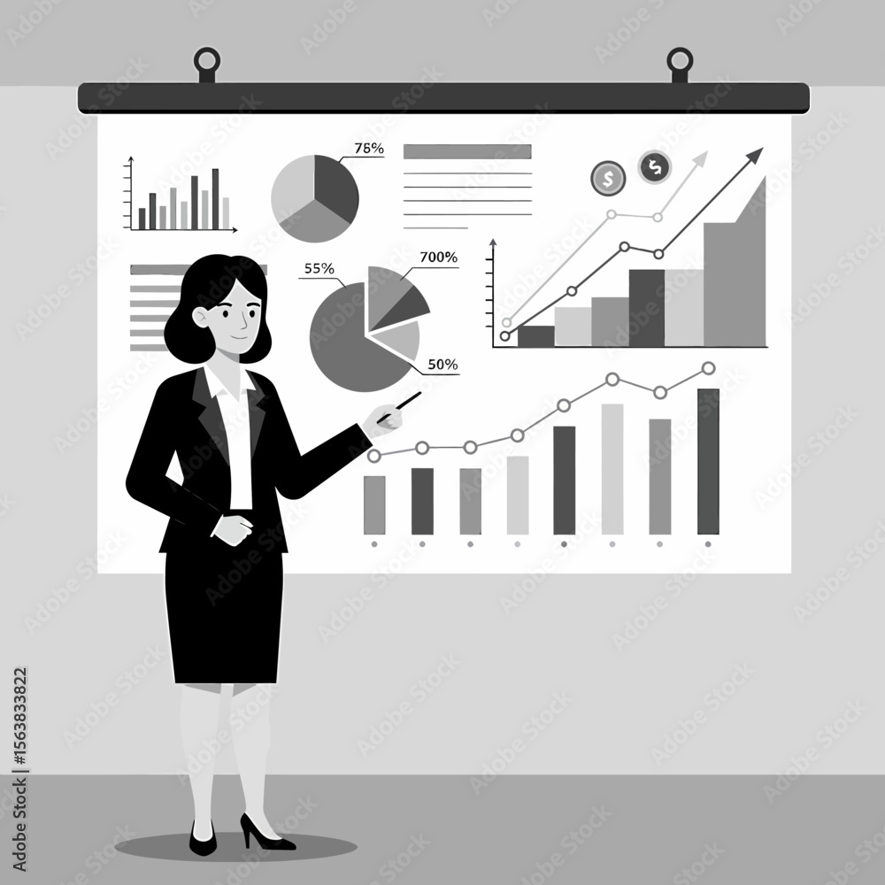 Aufkleber a businesswoman presents data on a projector screen using a pointer, showcasing charts and graphs.