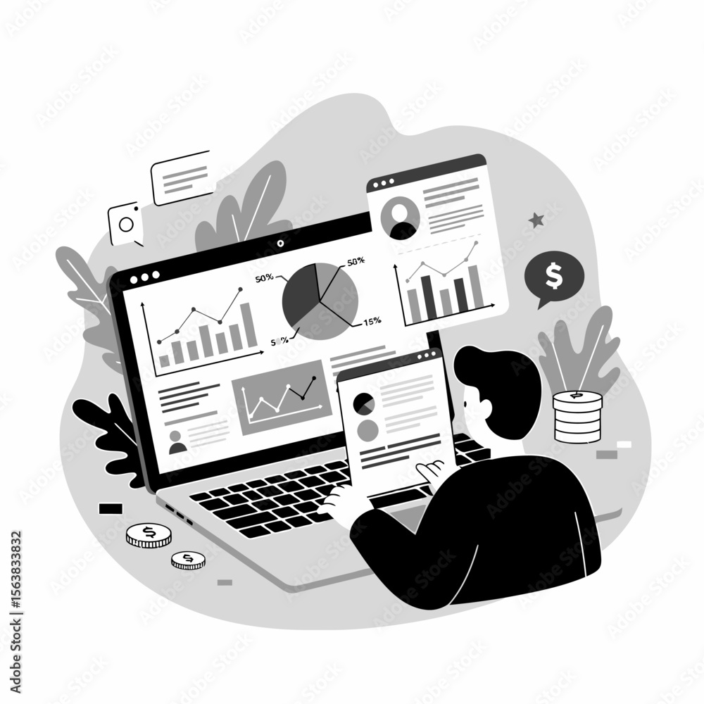 Poster man analyzing data charts and graphs on laptop screen, reviewing financial reports and business anal