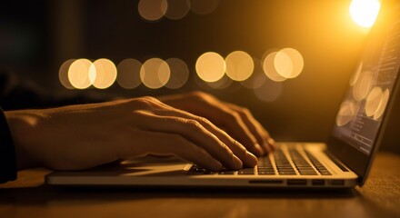 Laptop use at night in warm lighting