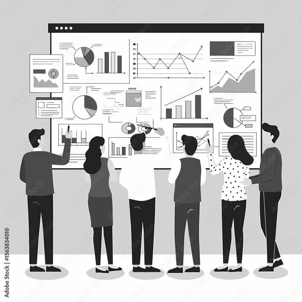 Poster a group of people analyzes data and charts displayed on a large screen, collaborating on business st