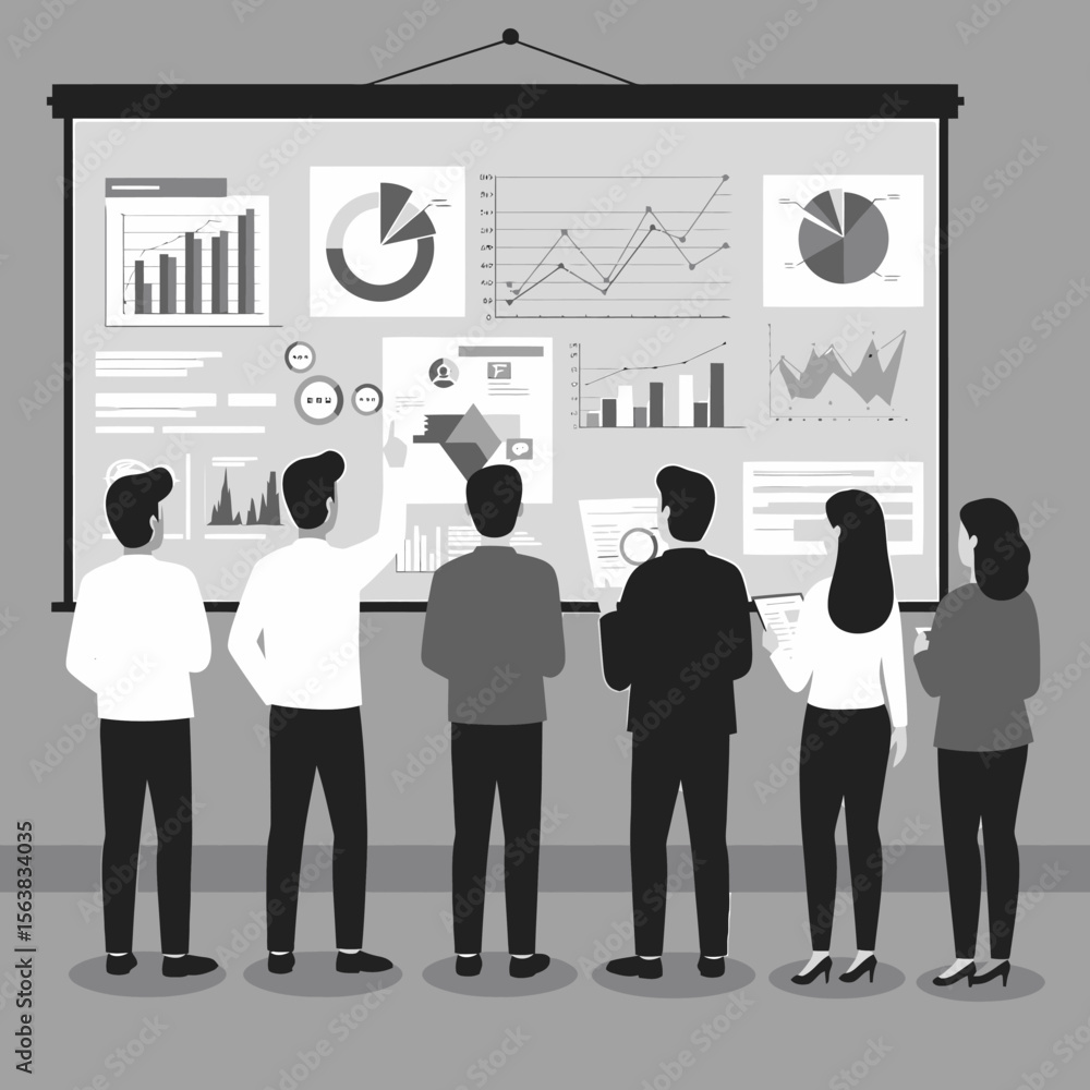 Poster business team reviewing data projections displayed on a large screen.