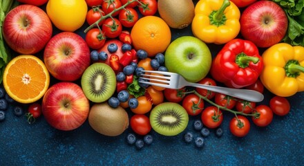A vibrant assortment of fresh fruits and vegetables including apples oranges blueberries kiwi and bell peppers
