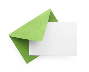 Blank invitation card and envelope isolated on white, top view. Space for design