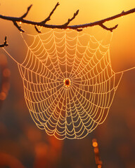Dew-kissed spiderweb glistening at sunrise, intricate details visible, warm golden light.