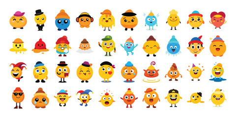 Vector art of collection of cute yellow emojis with various expressions and hats, isolated on white background