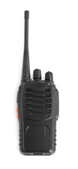 One walkie talkie on white background, top view. Police equipment