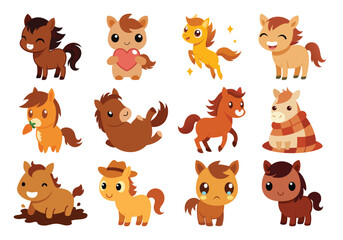 Vector art of twelve adorable cartoon ponies in various poses, isolated on white background
