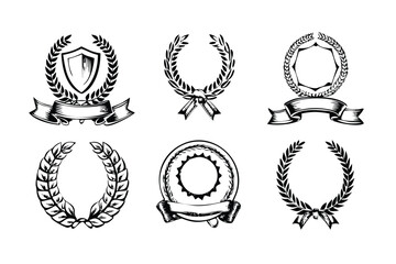 Academic Badge Templates Vector Engraving Set. Detailed Monochrome Award & Seal Icons. Vintage Stipple & Hatching Illustrations