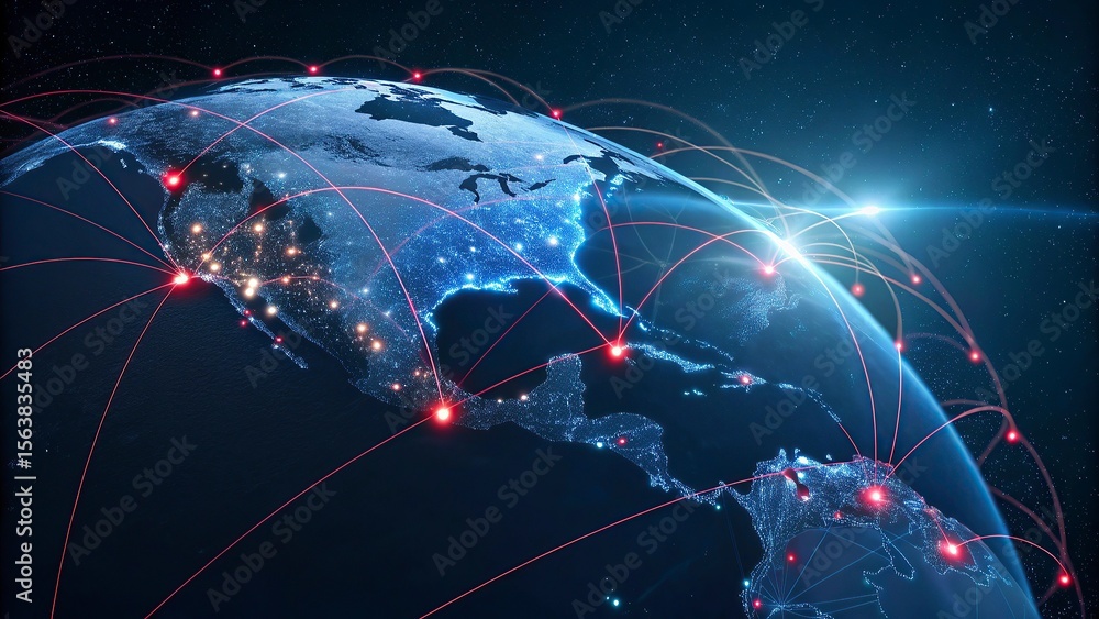 Poster world map on a technological background, glowing lines symbols of the internet, radio, television, m