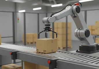 Robotic Arm Handling Package on Production Line