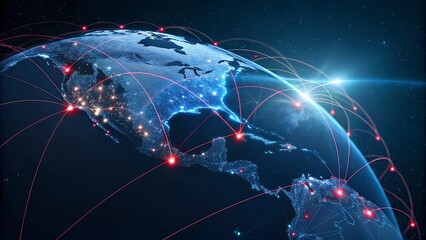 World map on a technological background, glowing lines symbols of the Internet, radio, television, mobile and satellite communications.Global network connection over the world. 3d rendering 