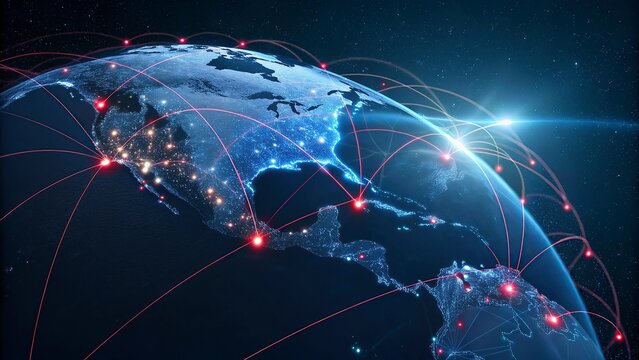 Fototapeta World map on a technological background, glowing lines symbols of the Internet, radio, television, mobile and satellite communications.Global network connection over the world. 3d rendering 