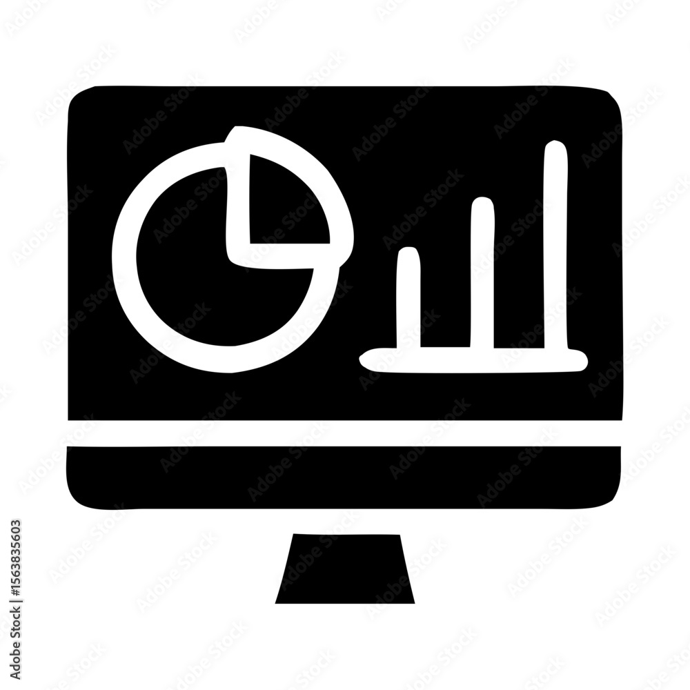 Poster handdrawn outline monitor display with pie chart and bar graph icon