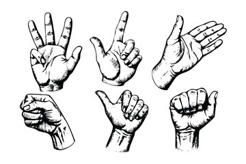 Hand Gestures Vector Engraving Set. Detailed Monochrome Comic Style Illustrations. Vintage Stipple & Hatching Icons & Symbols